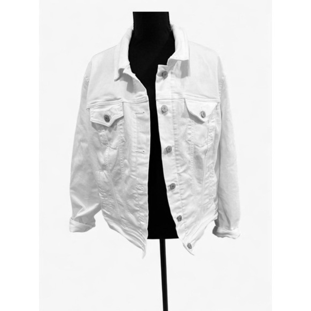 Womens XL White Denim Trucker Jacket Jean Jacket Cotton Cropped Layering - Picture 1 of 9